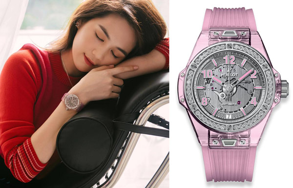 Ngọc Trinh đeo đồng hồ Hublot One Click Pink Sapphire Diamonds 39 mm
