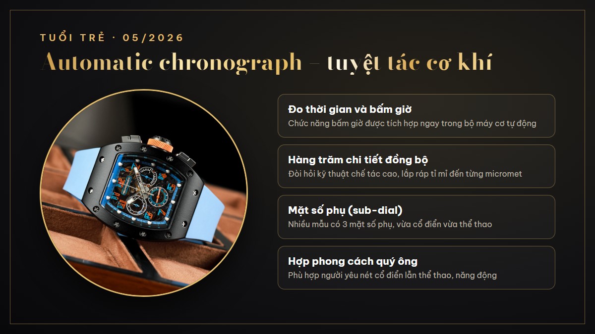 Đồng hồ automatic chronograph Philippe Auguste PA8602-1 được Tuổi Trẻ giới thiệu