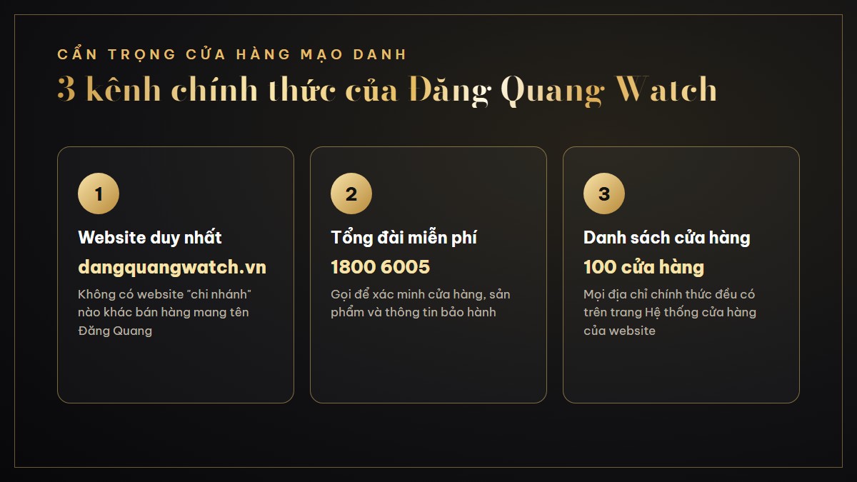3 kênh bán hàng chính thức của Đăng Quang Watch: website dangquangwatch.vn, tổng đài 1800 6005, hệ thống 100 cửa hàng