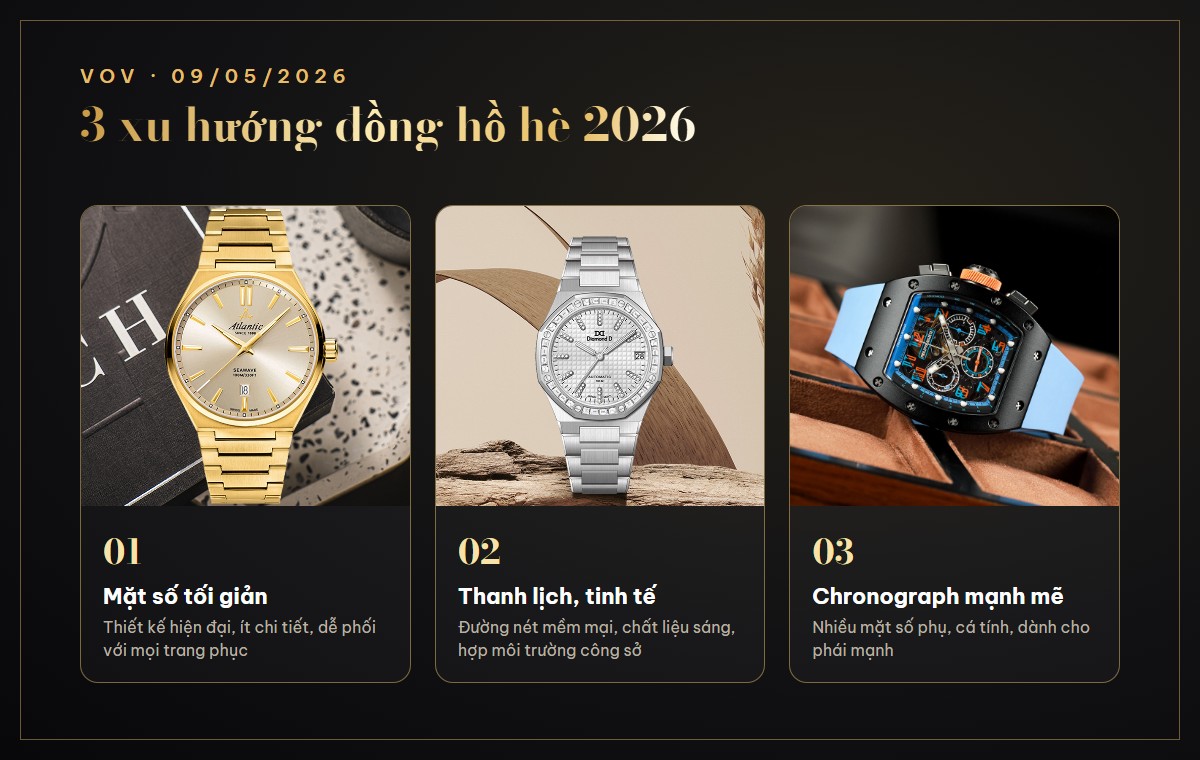 3 xu hướng đồng hồ hè 2026: mặt số tối giản, thanh lịch, chronograph mạnh mẽ