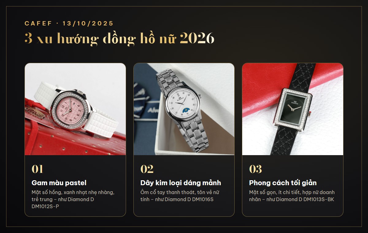 3 xu hướng đồng hồ nữ 2026: gam pastel, dây kim loại dáng mảnh, phong cách tối giản