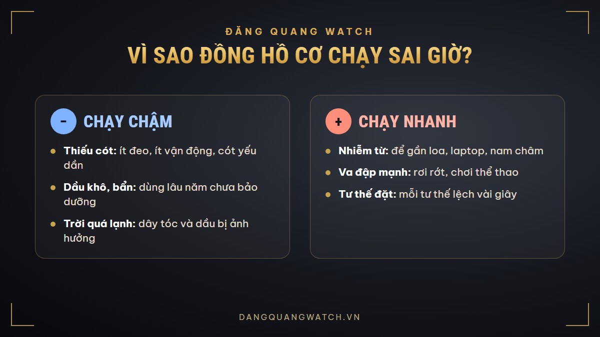 Nguyên nhân đồng hồ cơ chạy chậm và chạy nhanh: thiếu cót, dầu khô, nhiễm từ, va đập, tư thế đặt
