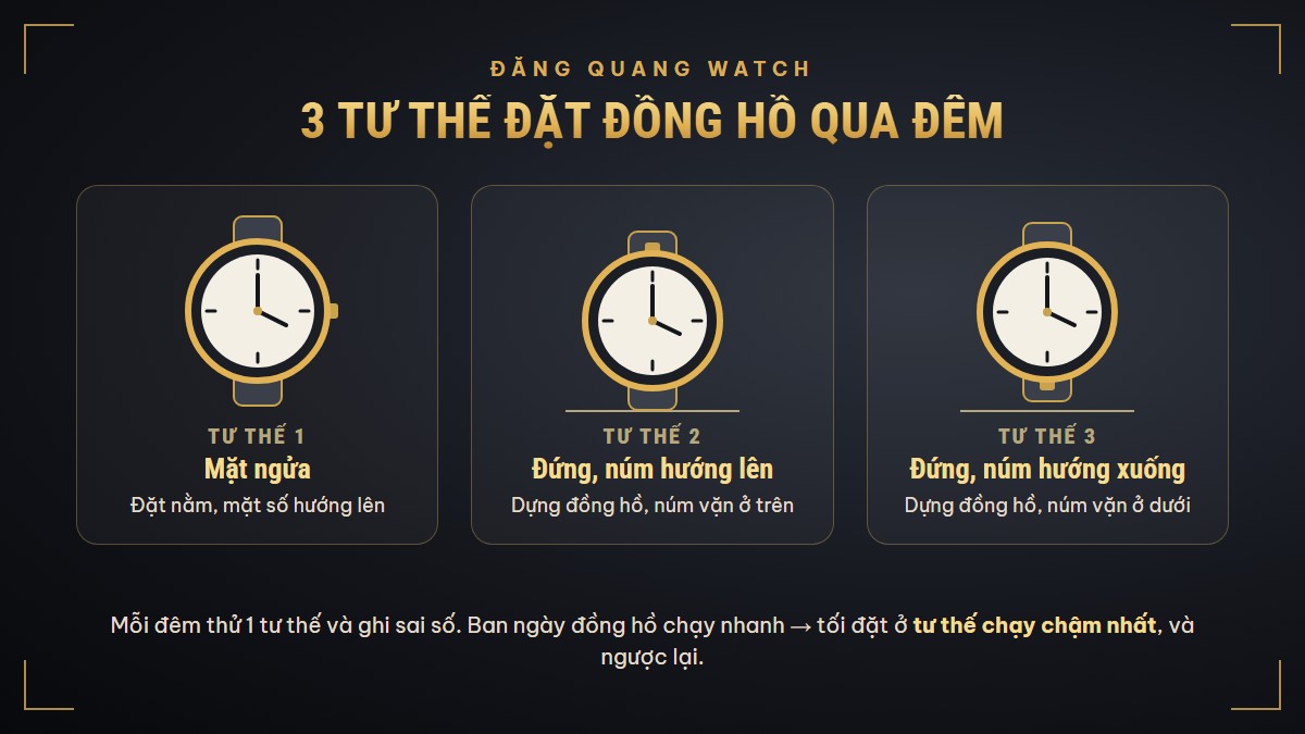 3 tư thế đặt đồng hồ cơ qua đêm: mặt ngửa, đứng núm hướng lên, đứng núm hướng xuống