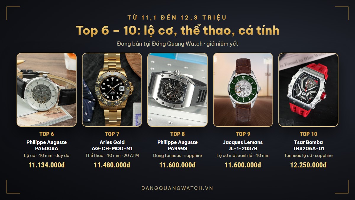 Top 6 – 10 đồng hồ cơ nam khoảng 10 triệu: Philippe Auguste PA5008A, Aries Gold AG-CH-MOD-M1, Philippe Auguste PA999S, Jacques Lemans JL-1-2087B, Tsar Bomba TB8206A-01