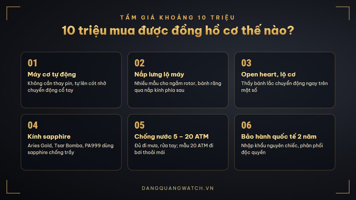 10 triệu mua được đồng hồ cơ nam thế nào: máy cơ tự động, nắp lưng lộ máy, mặt open heart, kính sapphire, chống nước 5 – 20 ATM, bảo hành quốc tế 2 năm