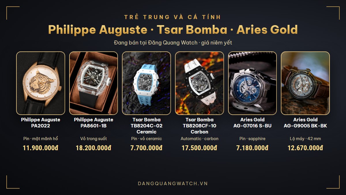 6 mẫu đồng hồ nam đẹp trẻ trung, cá tính: Philippe Auguste PA2022, PA8601-1B, Tsar Bomba TB8204C-02 Ceramic, TB8208CF-10 Carbon, Aries Gold AG-G7016, AG-G9005