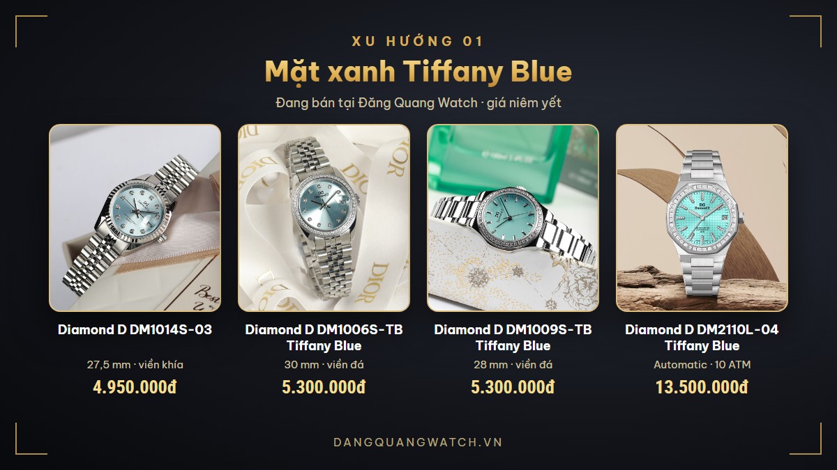 Đồng hồ nữ mặt xanh Tiffany Blue: Diamond D DM1014S-03, DM1006S-TB, DM1009S-TB, DM2110L-04