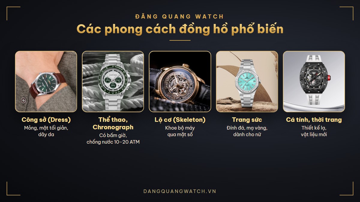 Các phong cách đồng hồ phổ biến: đồng hồ công sở Dress, thể thao Chronograph, lộ cơ Skeleton, trang sức và thời trang cá tính