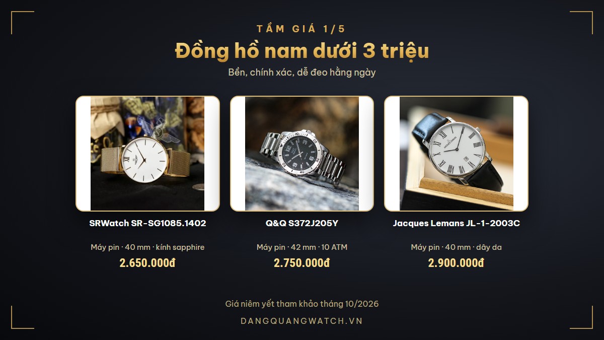 Đồng hồ nam đẹp dưới 3 triệu: SRWatch SR-SG1085.1402, Q&Q S372J205Y, Jacques Lemans JL-1-2003C