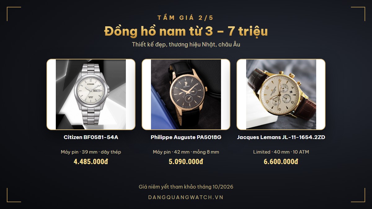 Đồng hồ nam đẹp từ 3 đến 7 triệu: Citizen BF0581-54A, Philippe Auguste PA5018G, Jacques Lemans JL-11-1654.2ZD Limited