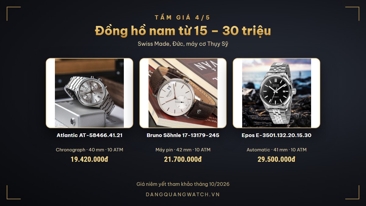 Đồng hồ nam đẹp từ 15 đến 30 triệu: Atlantic AT-58466.41.21, Bruno Söhnle 17-13179-245, Epos E-3501.132.20.15.30