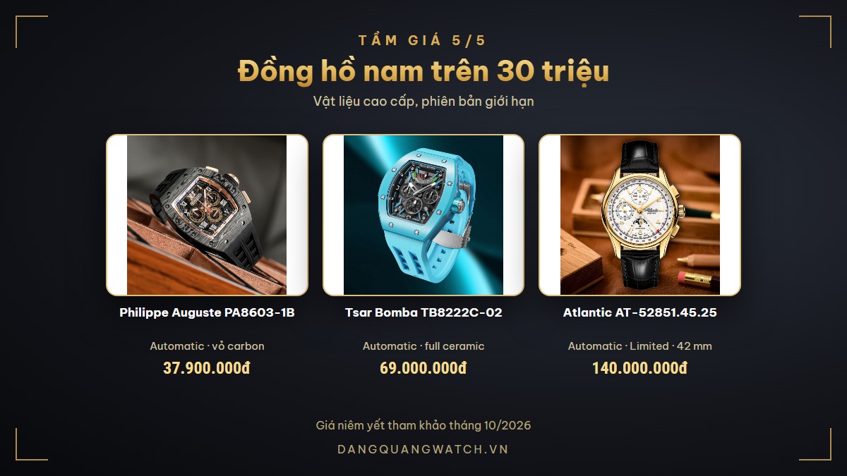 Đồng hồ nam cao cấp trên 30 triệu: Philippe Auguste PA8603-1B Carbon, Tsar Bomba TB8222C-02 Full Ceramic, Atlantic AT-52851.45.25 Limited