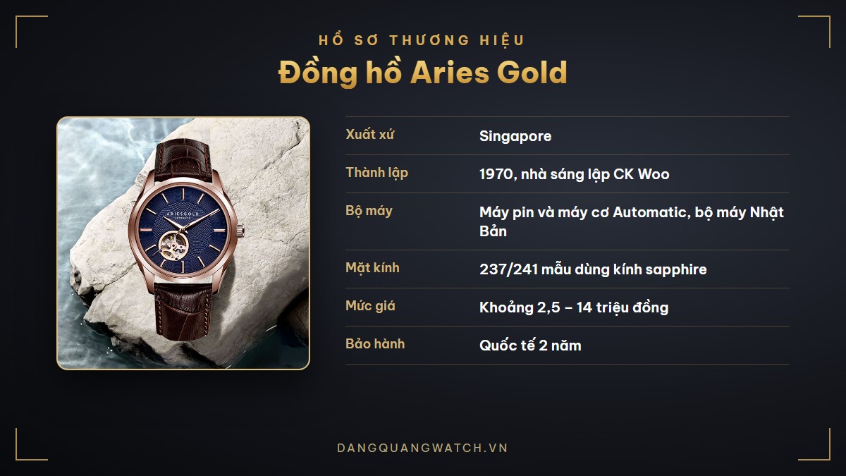Hồ sơ thương hiệu đồng hồ Aries Gold: xuất xứ Singapore, thành lập năm 1970, bộ máy Nhật, kính sapphire, bảo hành 2 năm