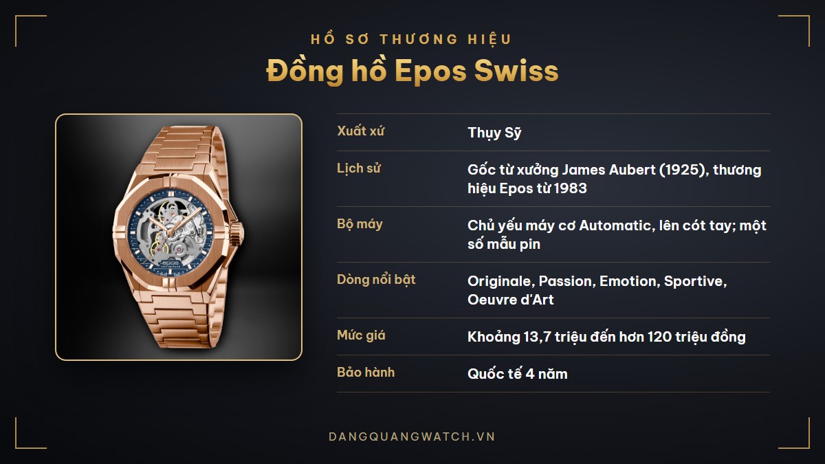 Hồ sơ thương hiệu đồng hồ Epos Swiss: xuất xứ Thụy Sỹ, lịch sử từ 1925, bộ máy cơ, dòng nổi bật, mức giá và bảo hành