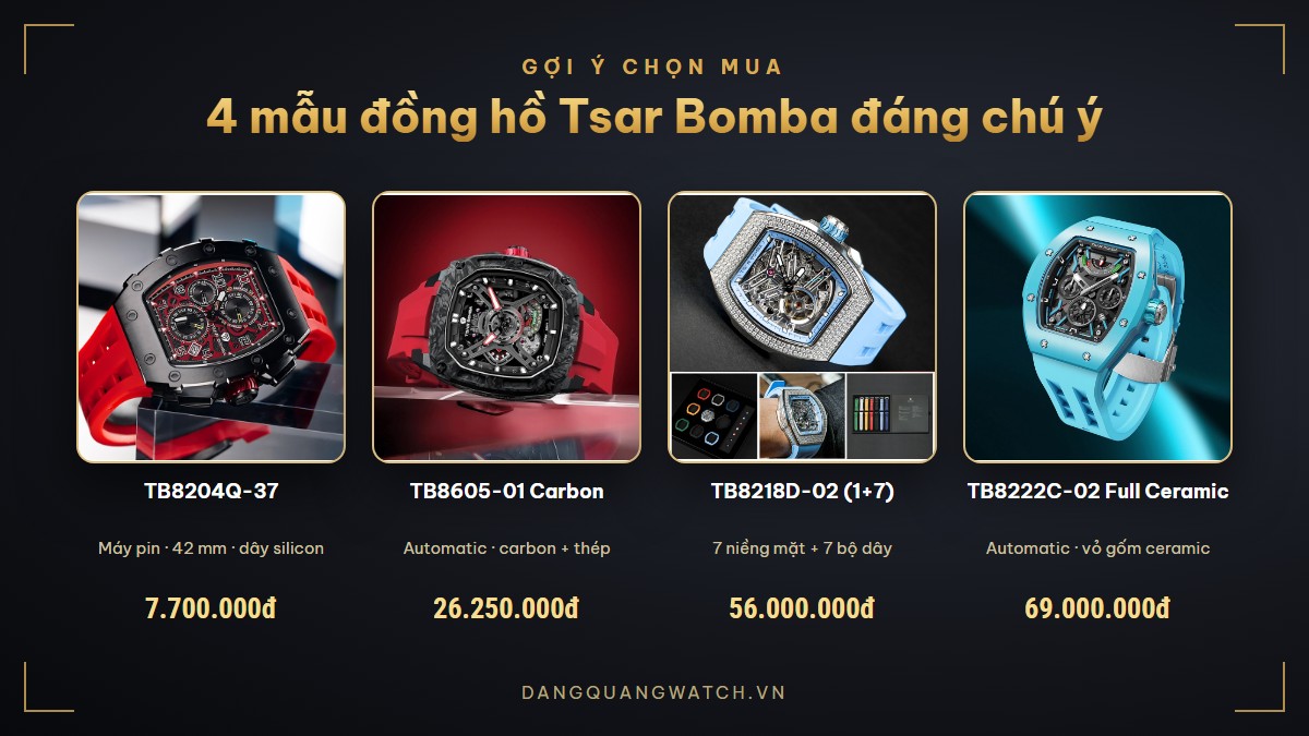 4 mẫu đồng hồ Tsar Bomba đáng chú ý: TB8204Q-37, TB8605-01 Carbon, TB8218D-02 thay niềng thay dây, TB8222C-02 Full Ceramic